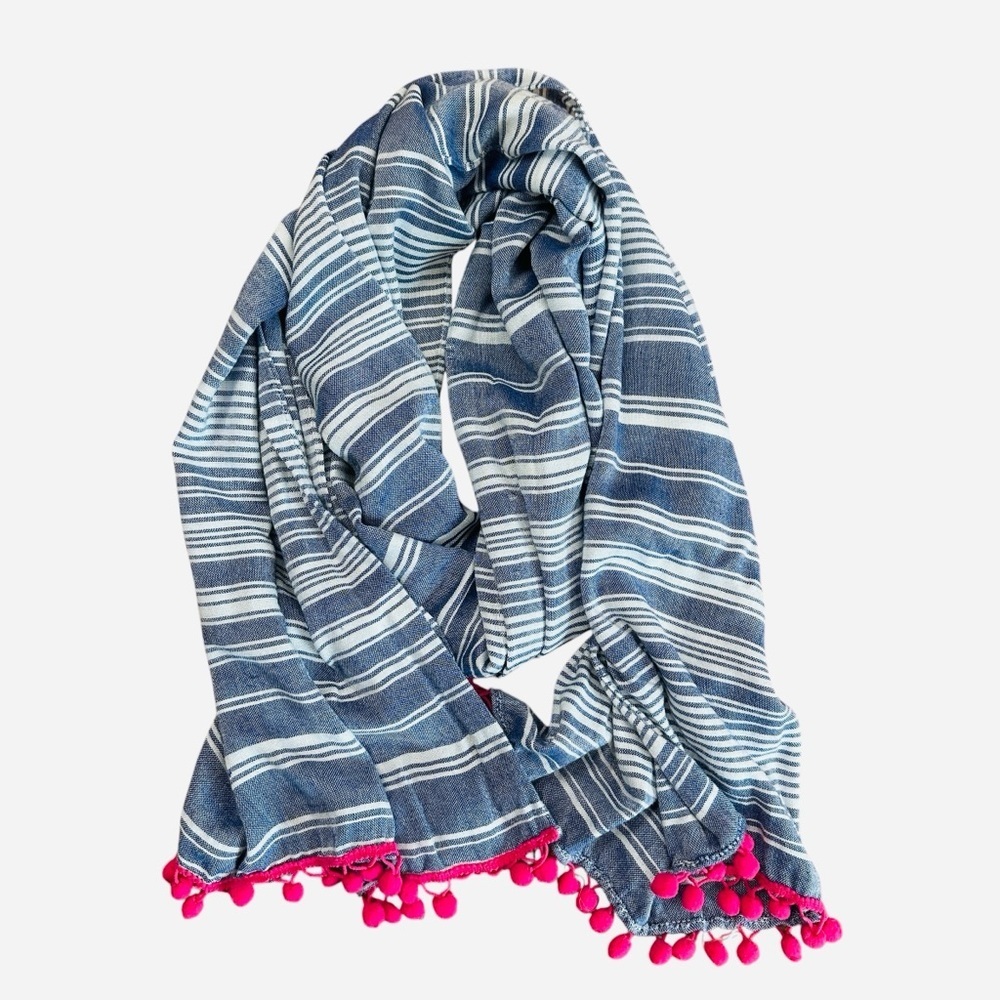 Blue and white striped spring summer scarf with pink pom pom trim - Picture 5 of 5